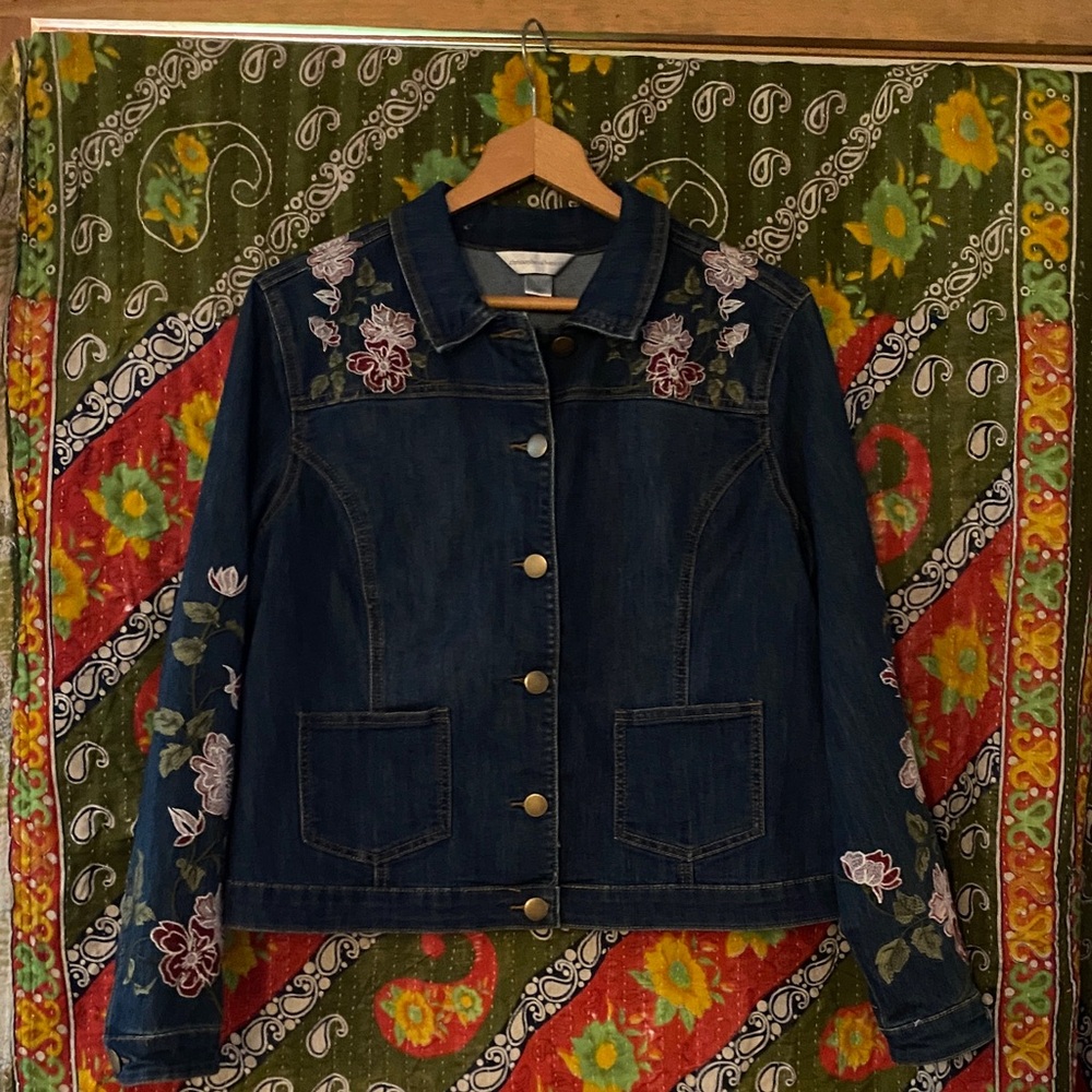 Dark Blue Floral Embroidered Jean Jacket